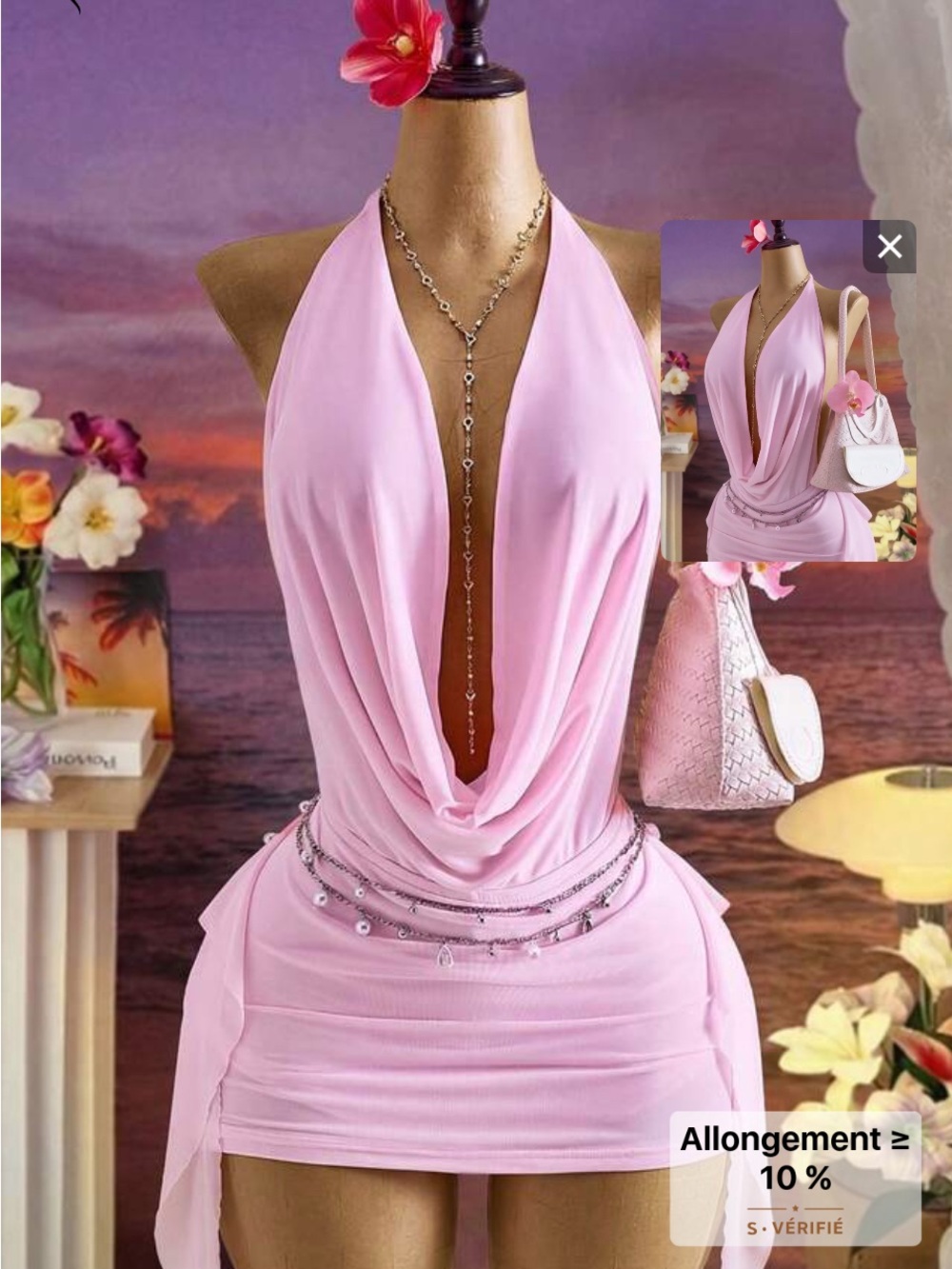 SHEIN Pink Plunge Draped Halter Mini Dress